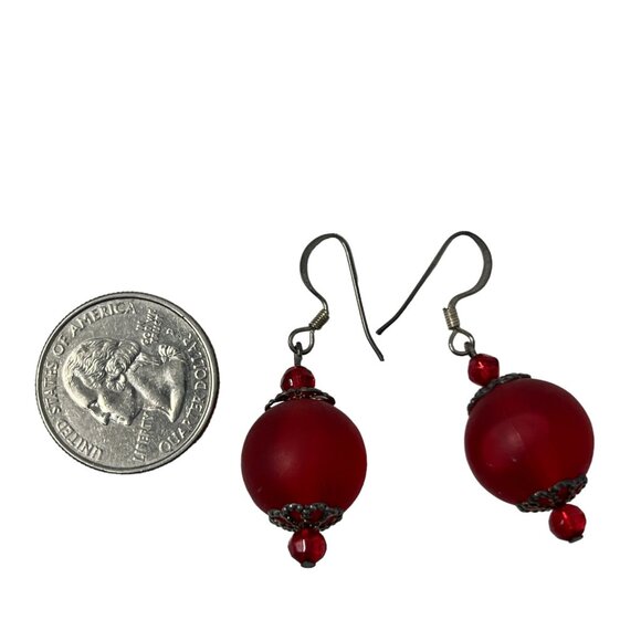 Red Lucite Ball Earrings Silver Tone Wire Pierced Dangle Drop - Picture 3 of 5
